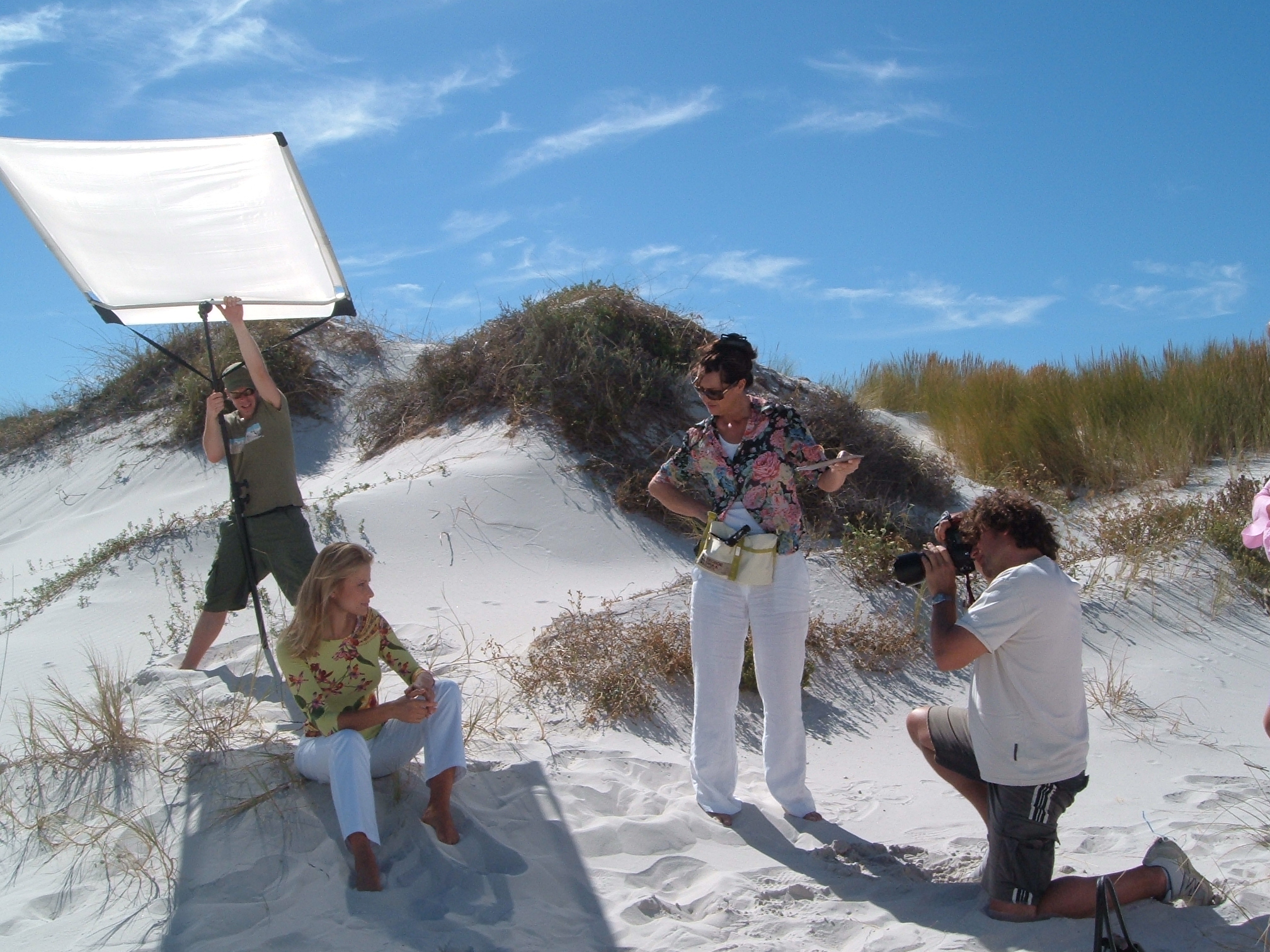 Fashion shoot on Noordhoek Beach - model and crew